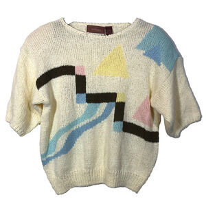 1980s White Pastel Sweater Chunky Knit Short Sleeve Blue Pink Geometric Vintage